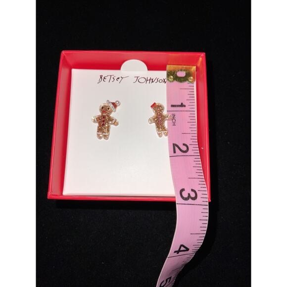 New Betsey Johnson Christmas Gingerbread Stud Earrings Sparkly Santa Hat And Bow - Picture 4 of 6